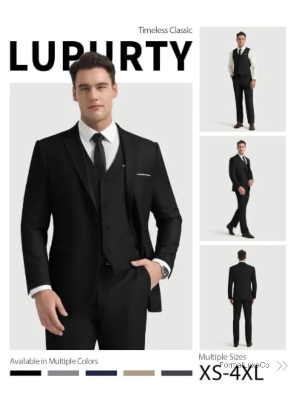 Men's 3-Piece Slim Fit Tuxedo Suit with Bow Tie, One Button, Wrinkle Resistant